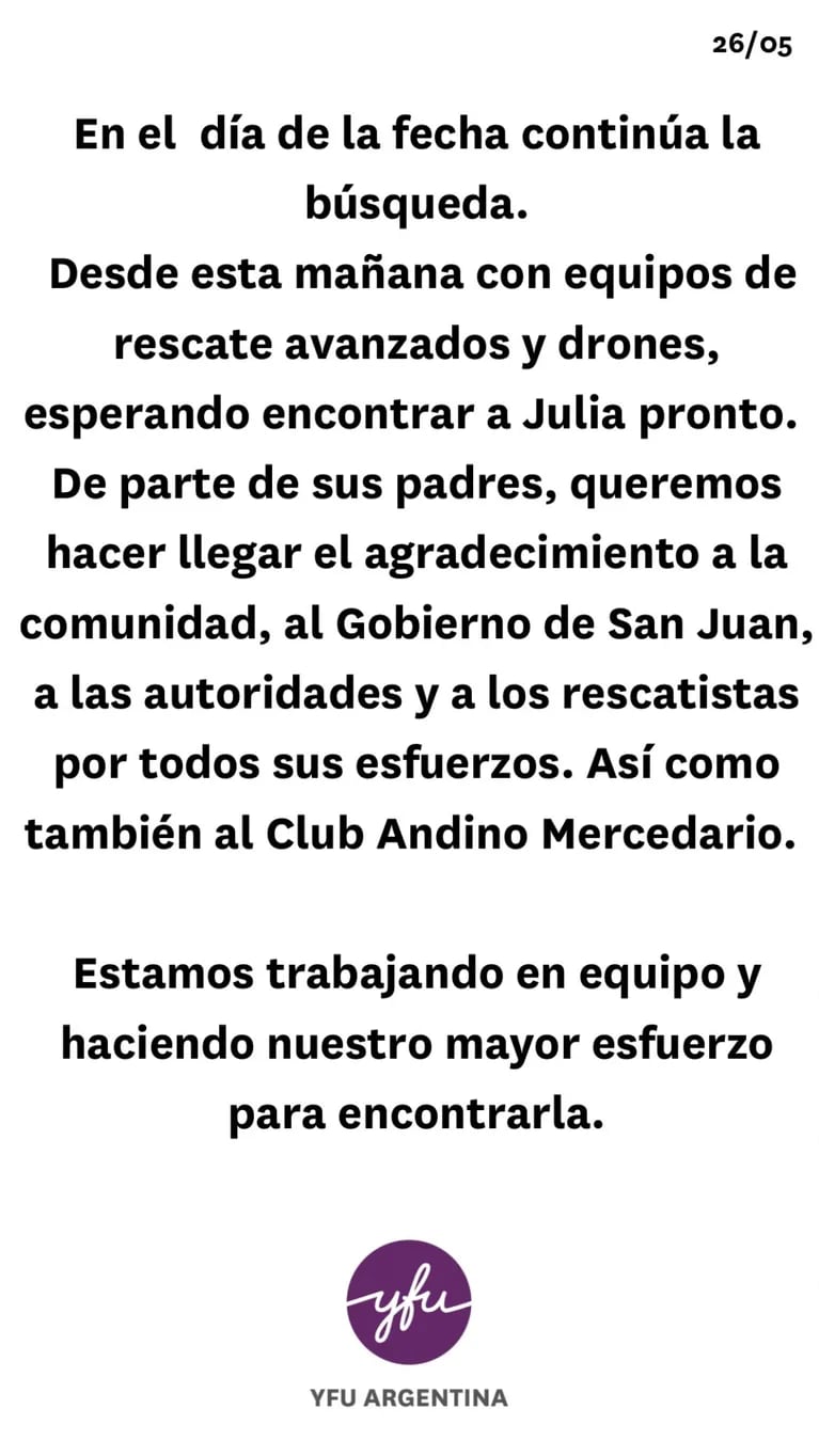 El mensaje de los padres de la turista alemana desaparecida en el cerro de San Juan. (Foto: Instagram/YFUarg)